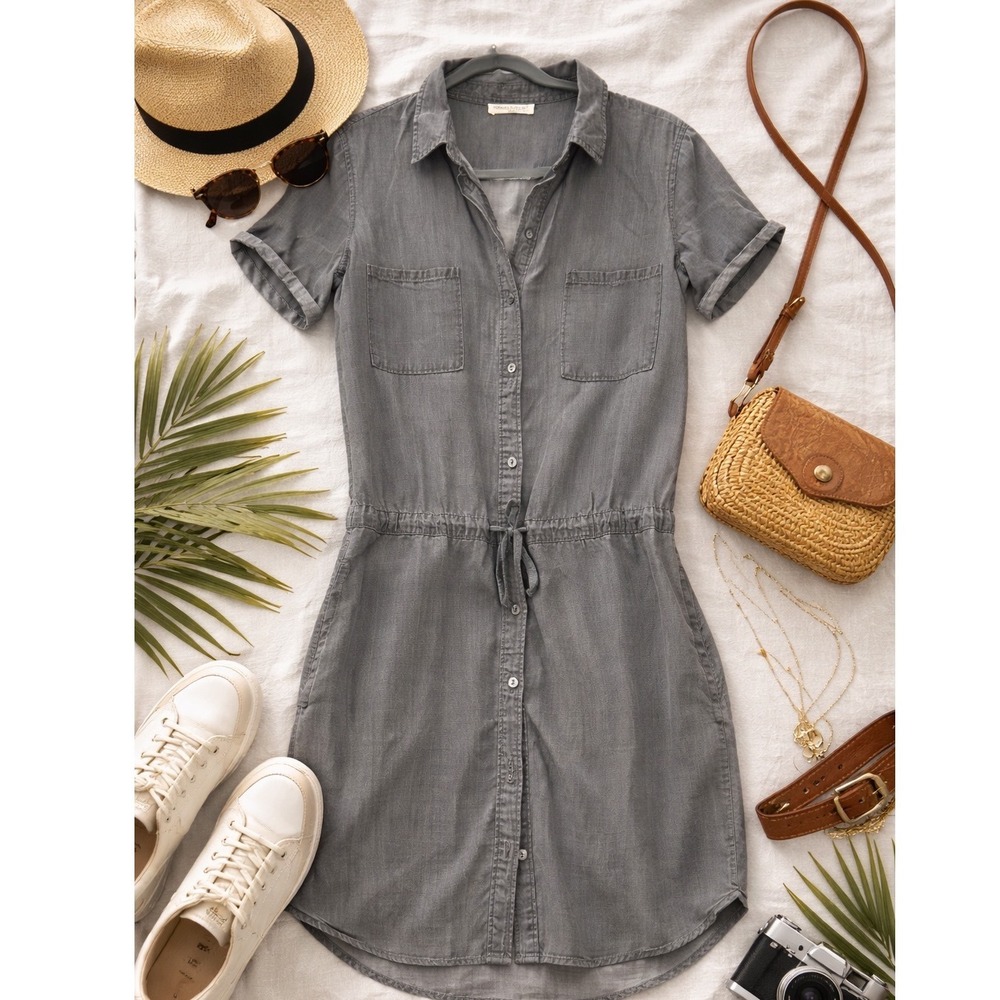 Gray Tencel Shirt Dress Size Small Drawstring Waist Utility Minimalist Casual - Picture 3 of 10